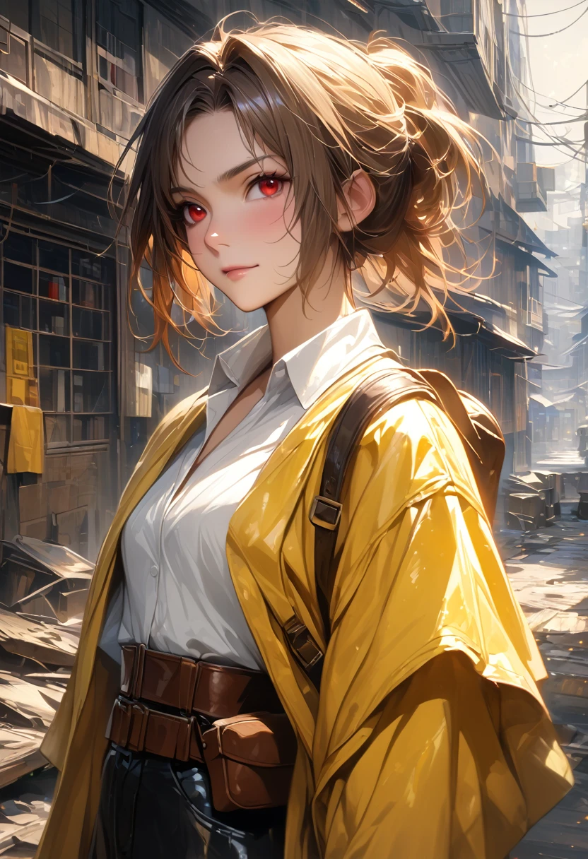 (adult), (woman) ((tall)), ((Elana From Library of ruina)), masterpiece, best quality, very aesthetic, absurdres, shiny skin, Perfect face, Perfect shadowing, Perfect cloathing, skindentation, dark aura, brown hair, ((updo hair)), messy spiked hair , red eyes, plain white shirt, Yellow coat, black pants, ((leather waist pack)), (faint smile), realistic anime style, oil painting, slums background.
