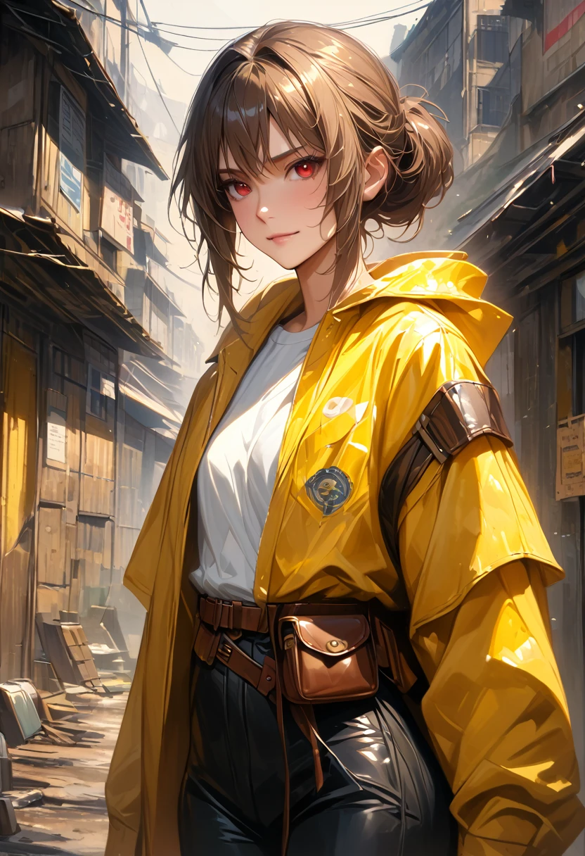 (adult), (woman) ((tall)), ((Elana From Library of ruina)), masterpiece, best quality, very aesthetic, absurdres, shiny skin, Perfect face, Perfect shadowing, Perfect cloathing, skindentation, dark aura, brown hair, ((updo hair)), messy spiked hair , red eyes, plain white shirt, Yellow coat, black pants, ((leather waist pack)), (faint smile), realistic anime style, oil painting, slums background.
