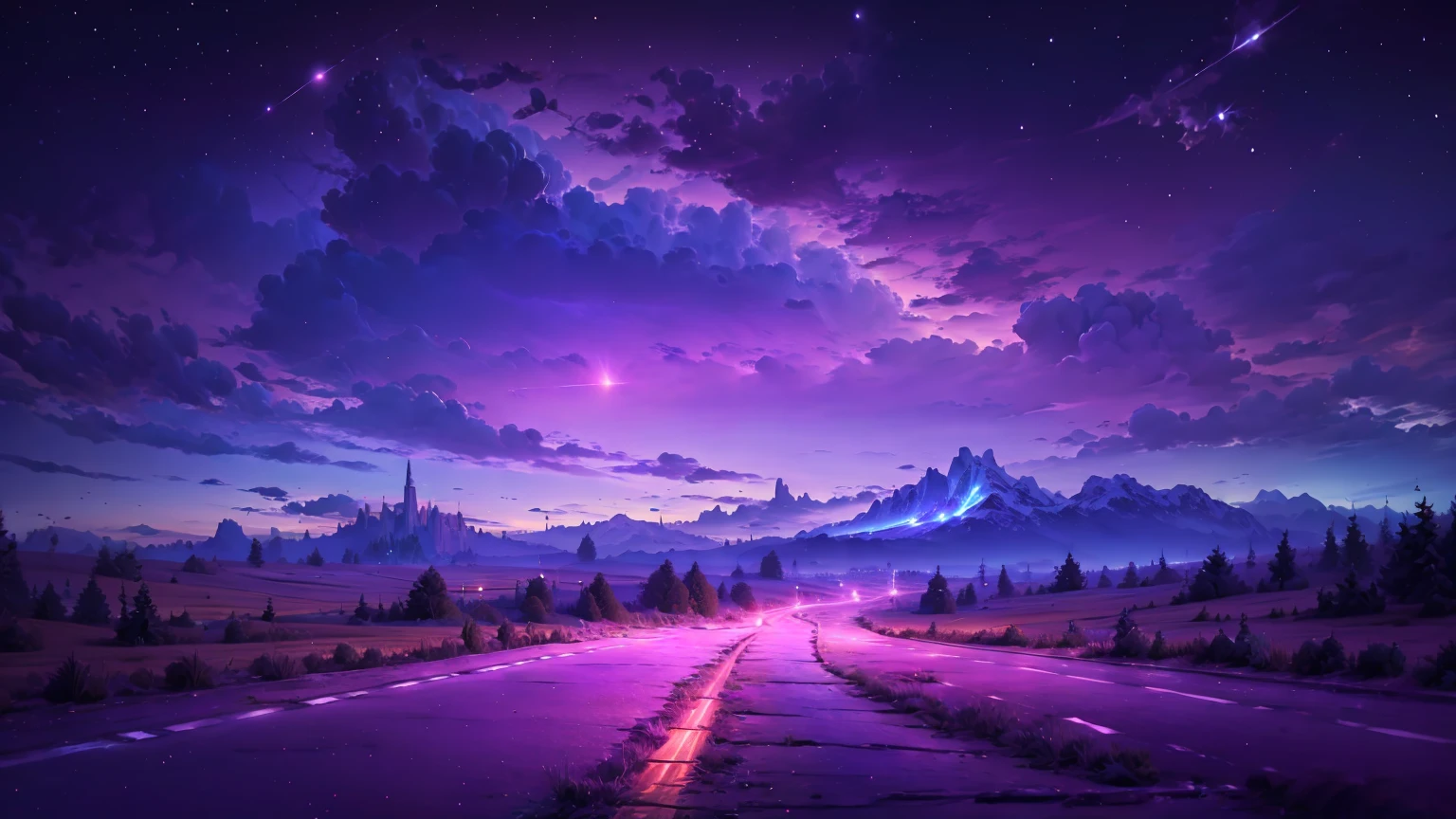 Purple and blue night sky with stars and roads, Awesome Wallpapers, Mark Adams, Beautiful Wallpapers, Great background, Neon Road, Amazing artwork in 8K, Pictures of distant mountain lights, Epic dreamy fantasy landscape, wallpaper 4k, wallpaper 4k, Inspired by Jessica Rossier, high quality desktop wallpaper, Magical colors and atmosphere, Colorful night sky