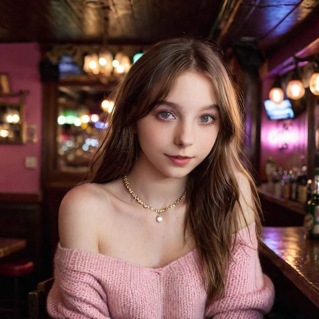 Low quality, wrong lights, wrong exposition, amateur selfie of an eye contact of a chestnut hair young girl with long straight hair, hazelnut colored eyes, ((Emma Myers)) 18 years old, flirting with the camera, necklace, Off The Shoulder sweater, pink sweater, topless, sitting in a sicilian bar background, at night