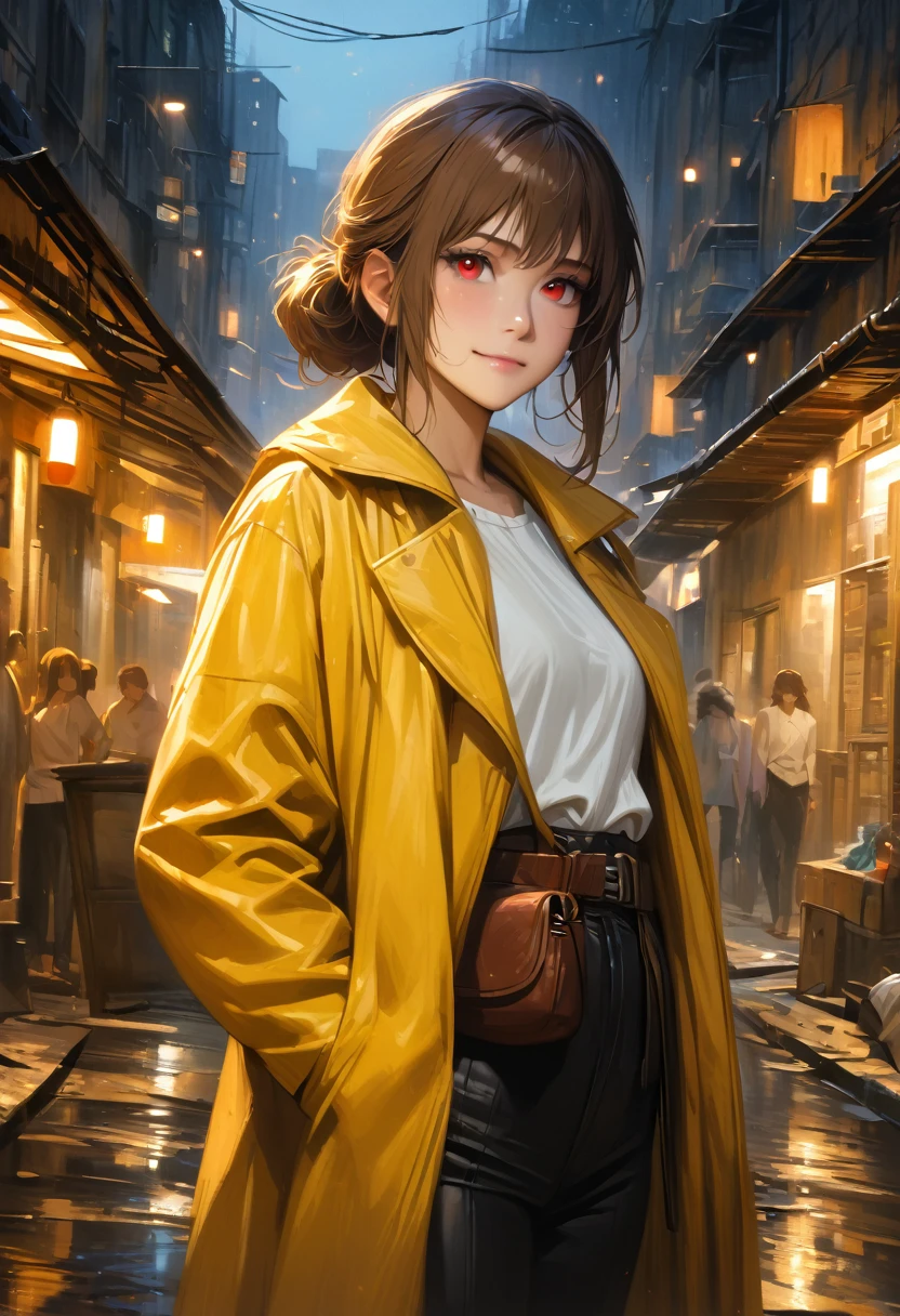 (adult), (woman) ((tall)), ((Elana From Library of ruina)), masterpiece, best quality, dark aura, brown hair, ((updo hair)), messy spiked hair , red eyes, plain white shirt, Yellow coat, black pants, ((leather waist pack)), (faint smile), realistic anime style, oil painting, slums background, night.