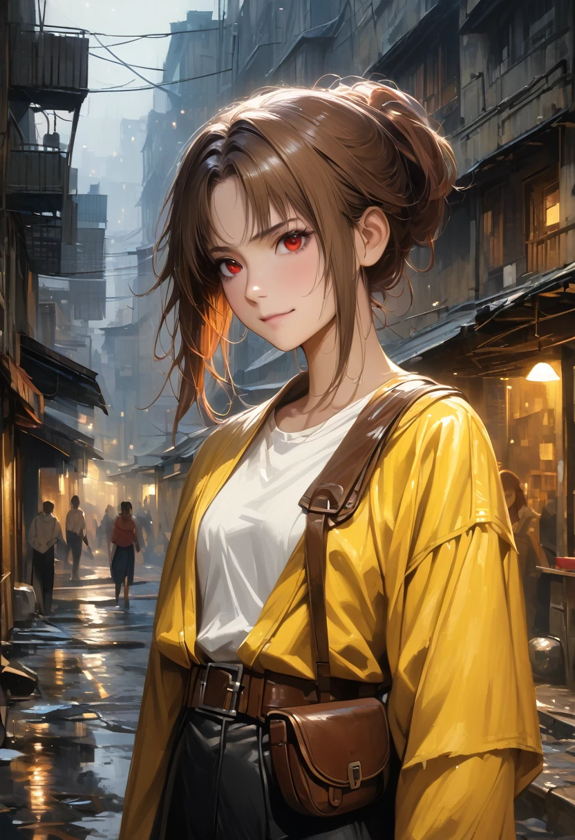 (adult), (woman) ((tall)), ((Elana From Library of ruina)), masterpiece, best quality, dark aura, brown hair, ((updo hair)), messy spiked hair , red eyes, plain white shirt, Yellow coat, black pants, ((leather waist pack)), (faint smile), realistic anime style, oil painting, slums background, night.