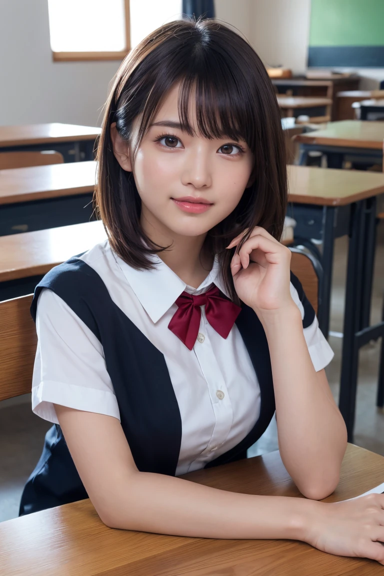 masterpiece, Upper Body Shot, Young and beautiful woman in Japan, She sits in a chair, cheek to cheek, a big smile on her face., Attractive person, Wearing a short-sleeved white collared shirt with a plain shiny red satin bow tie, Really cute face, Glossy Lips, Double eyelids on both eyes, Natural Makeup, Long eyelashes, Shiny, smooth, light brown medium length hair, Asymmetrical bangs, Sunburned skin, In the classroom, Head Frame, Center image, 8K resolution, High detail, Detailed hairstyle, Detailed face, Spectacular movie lighting, Octane Rendering, Vibrant, Ultra-realistic, Perfect limbs, Perfect Anatomy