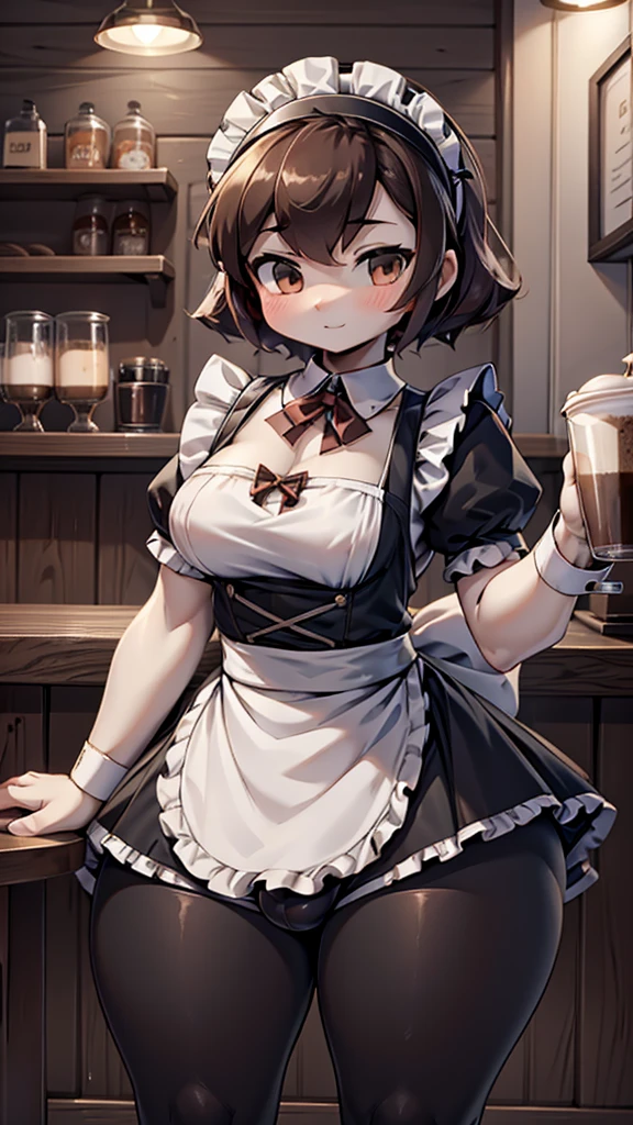 Coffee shop background，Coffee shop background，Indoor background，Tables and Chairs，Bar，Maid girl，Wearing a maid outfit，Maid headband，futanari，Hip bulge，Bulge between the thighs，cute，charming，Bulge between the thighs，Bulge between the thighs，Hip bulge，cute，Pants，shorts，Short skirt，Culottes，Close-up shot from waist up