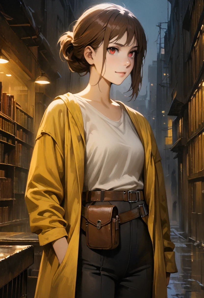 (adult), (woman) ((tall)), ((Elana From Library of ruina)), masterpiece, best quality, dark aura, brown hair, ((updo hair)), messy spiked hair , red eyes, plain white shirt, Yellow coat, black pants, ((leather waist pack)), (faint smile), realistic anime style, oil painting, slums background, night.