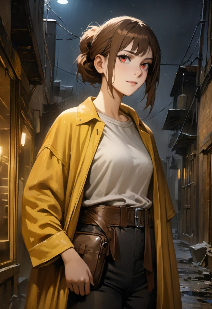 (adult), (woman) ((tall)), ((Elana From Library of ruina)), masterpiece, best quality, dark aura, brown hair, ((updo hair)), messy spiked hair , red eyes, plain white shirt, Yellow coat, black pants, ((leather waist pack)), (faint smile), realistic anime style, oil painting, slums background, night.