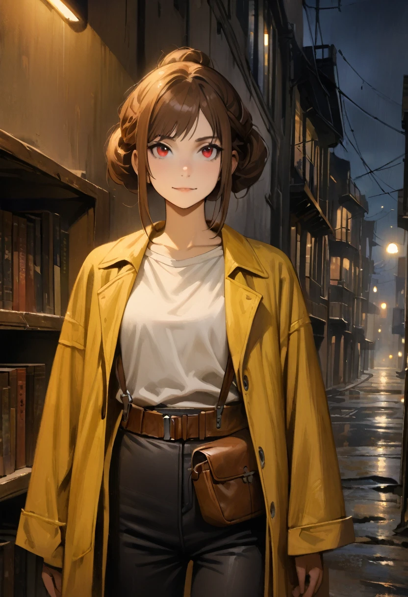 (adult), (woman) ((tall)), ((Elana From Library of ruina)), masterpiece, best quality, dark aura, brown hair, ((updo hair)), messy spiked hair , red eyes, plain white shirt, Yellow coat, black pants, ((leather waist pack)), (faint smile), realistic anime style, oil painting, slums background, night.