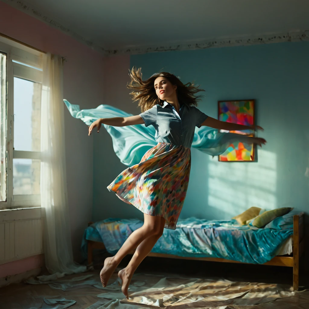 medium shot, (best quality of photo:1.3), aesthetic abstract art, (falling and floating:1.3), a pretty girl with type of fabrics in spare room with fabrics decoration, (colorful:1.2), glass, wearing shirt dress, detailed face and hands, realistic hair, dramatic, cinematic lighting, shadow on her, rays, realistic object, realistic girl, realistic skin, realistic dress, motion blur, ultra highly detailed, sharp focus, dynamic composition, shot by sony a9 with 100mm lens f/5.4, midjourney v6 photorealistic