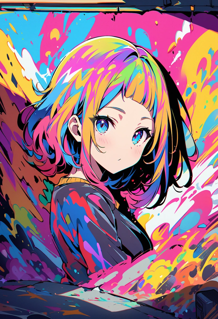 (best quality), masterpiece, Extremely detailed CG8K illustrations, high color, extremely high color saturation, All colors deepen, draw, Graffiti Art, central composition, Extremely detailed light and shadow, graffiti wall, wall drawed bright, Graffiti, 1 girl looking at the wall, The face and eyes are very detailed, medium length hair, sportswear, colorful clouds