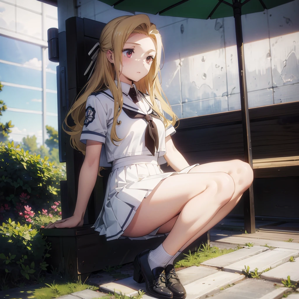 (masterpiece),(best quality),1girl,solo,teen,delicate beautiful face,(fine blond hair),long hair,(white sailor suit),short sleeve,navy blue mini skirt,[white panties],bare_legs,holding knees,park, (morning),BREAK black socks,black shoes