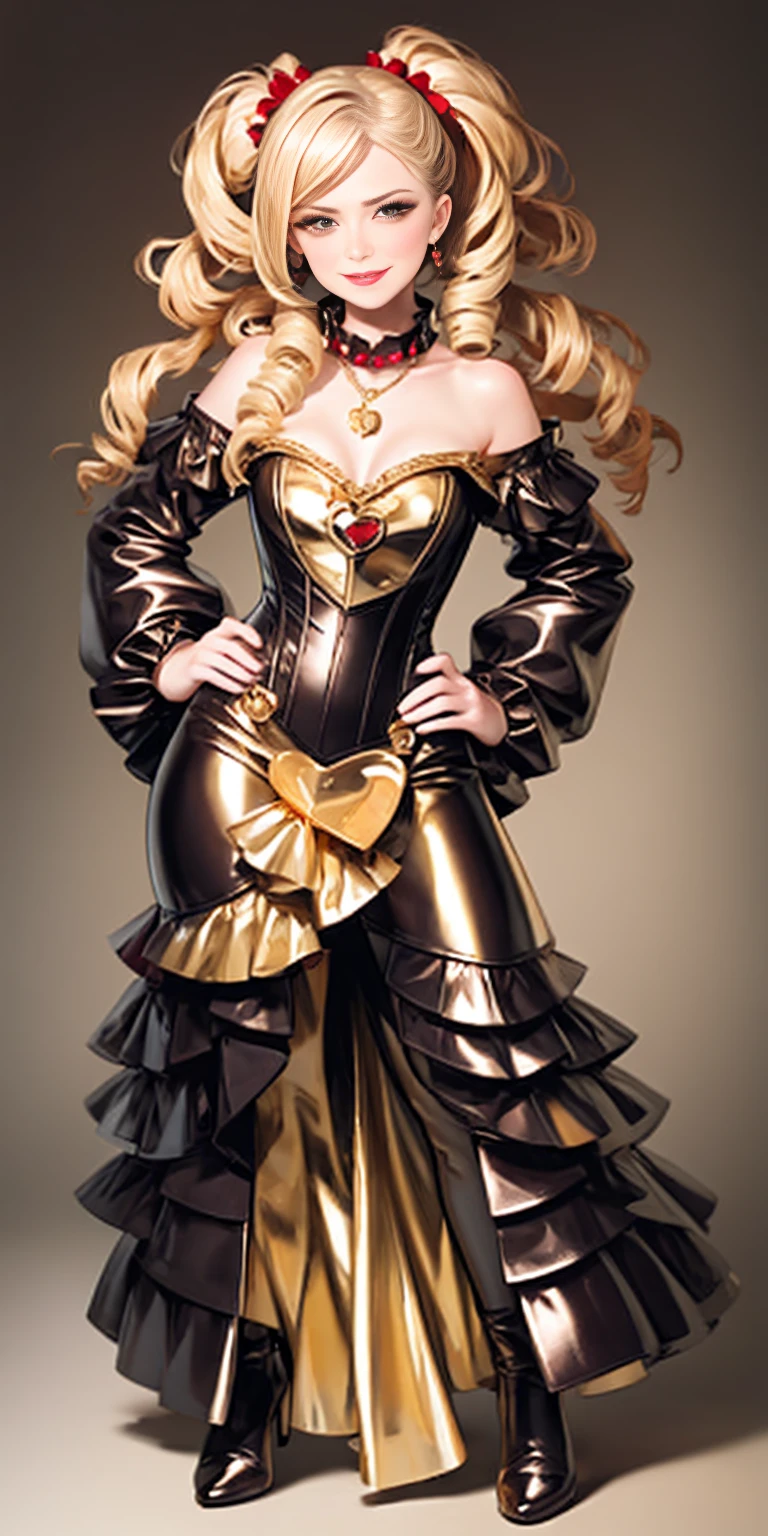 1solo Milf full body standing straight symmetrical, looking at viewer, hands on hips, twin drills twintails, striped pantyhose, golden handcuffs on their hands with a black leather collar around the golden heart necklace and black leather choker with golden bell, hands on hips, lustful smirking smile face red blushed