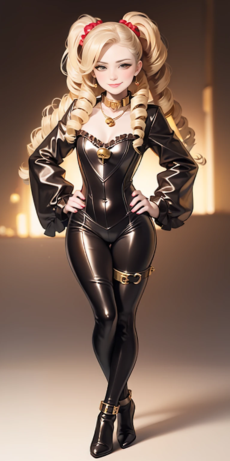 1solo Milf full body standing straight symmetrical, looking at viewer, hands on hips, twin drills twintails, striped pantyhose, golden handcuffs on their hands with a black leather collar around the golden heart necklace and black leather choker with golden bell, hands on hips, lustful smirking smile face red blushed