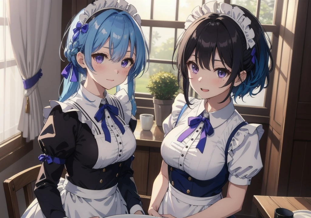 masterpiece, best quality,(fancy), (delicate eyes and face), volumetric lighting, ray tracing, Highly detailed CG Unity 8k wallpaper, Remlin, blue hair, hair above one eye, medium chest, maid, purple ribbon, maid headdress, roswaal mansion maid uniform, white apron, separated sleeves, (looking at viewer:1.1), dehisce, laugh, yandere trance, yandere, touch one&#39;s face, Put your hand on your own cheek, dark background,  