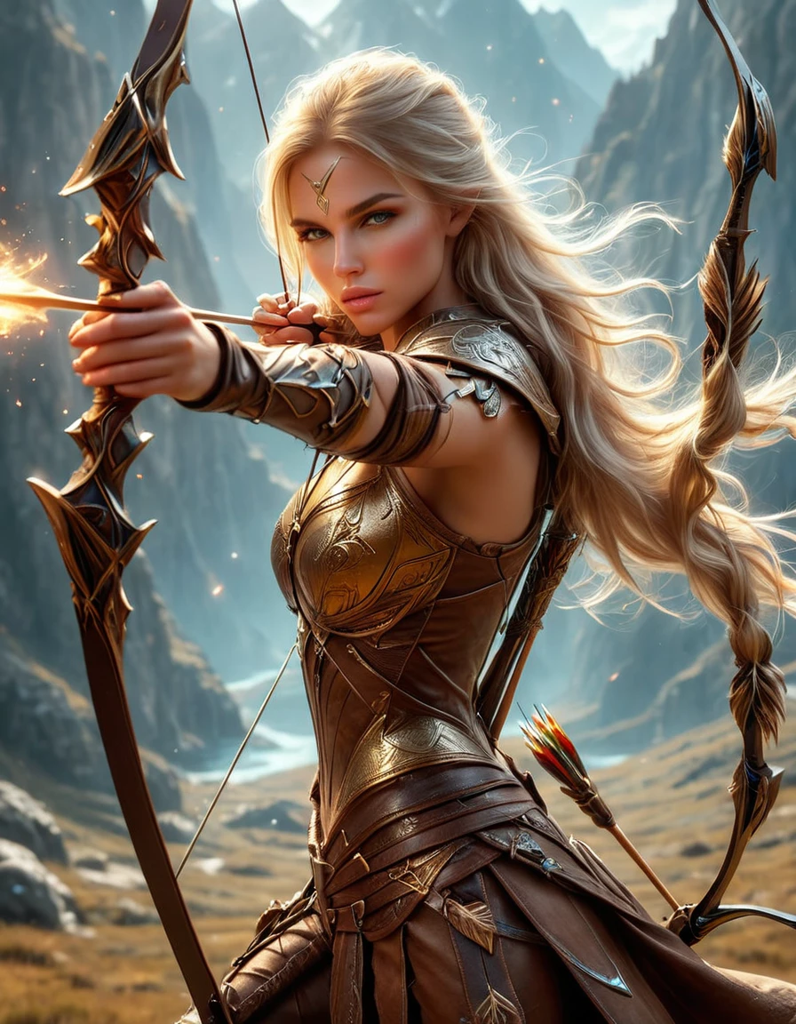 Surreal imagery, High quality ultra high definition 8K, 1 person, Detailed reality ((slim, high detail)), (muscular:1,2), ((tall model)), (Shoulder-length blonde hair), high detail realistic skin, ((Fantasy Archer, Wearing brown armor)), (((Fantasy golden bow weapon))) ((Magic light arrow, Spells)), True and vivid colors, permanent