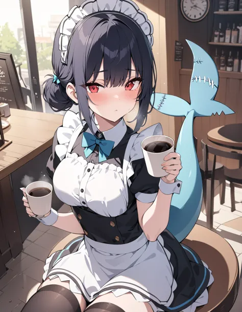 （masterpiece：1.2），best quality，very detailed, high resolution，red eyes，black short hair，maid，sitting in café，holding a cup of co...