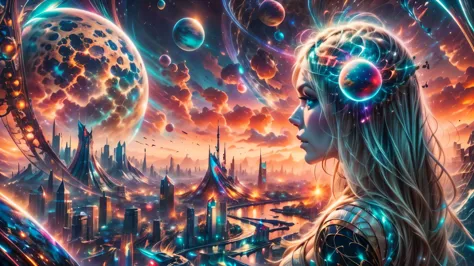 there is a woman standing in front of a painting of a planet, futuristic city in background, psytrance artwork, interconnected h...