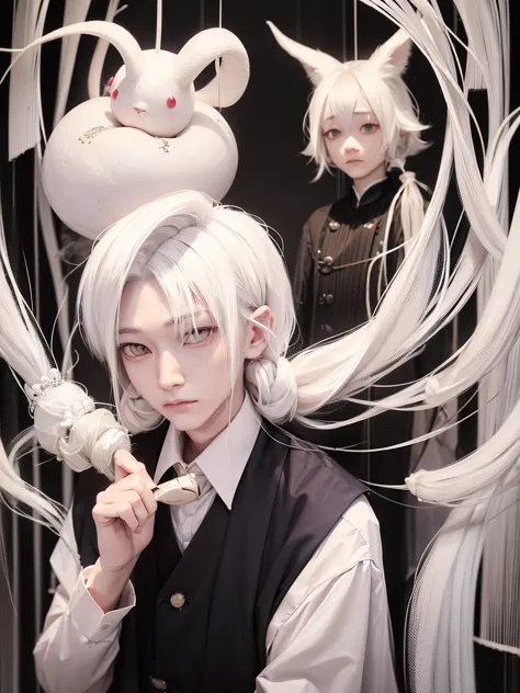 Dough Ötsutsuki. albino adult male. long white hair. pearl eyes. two small horns on the forehead. short left side fringe. are sh...