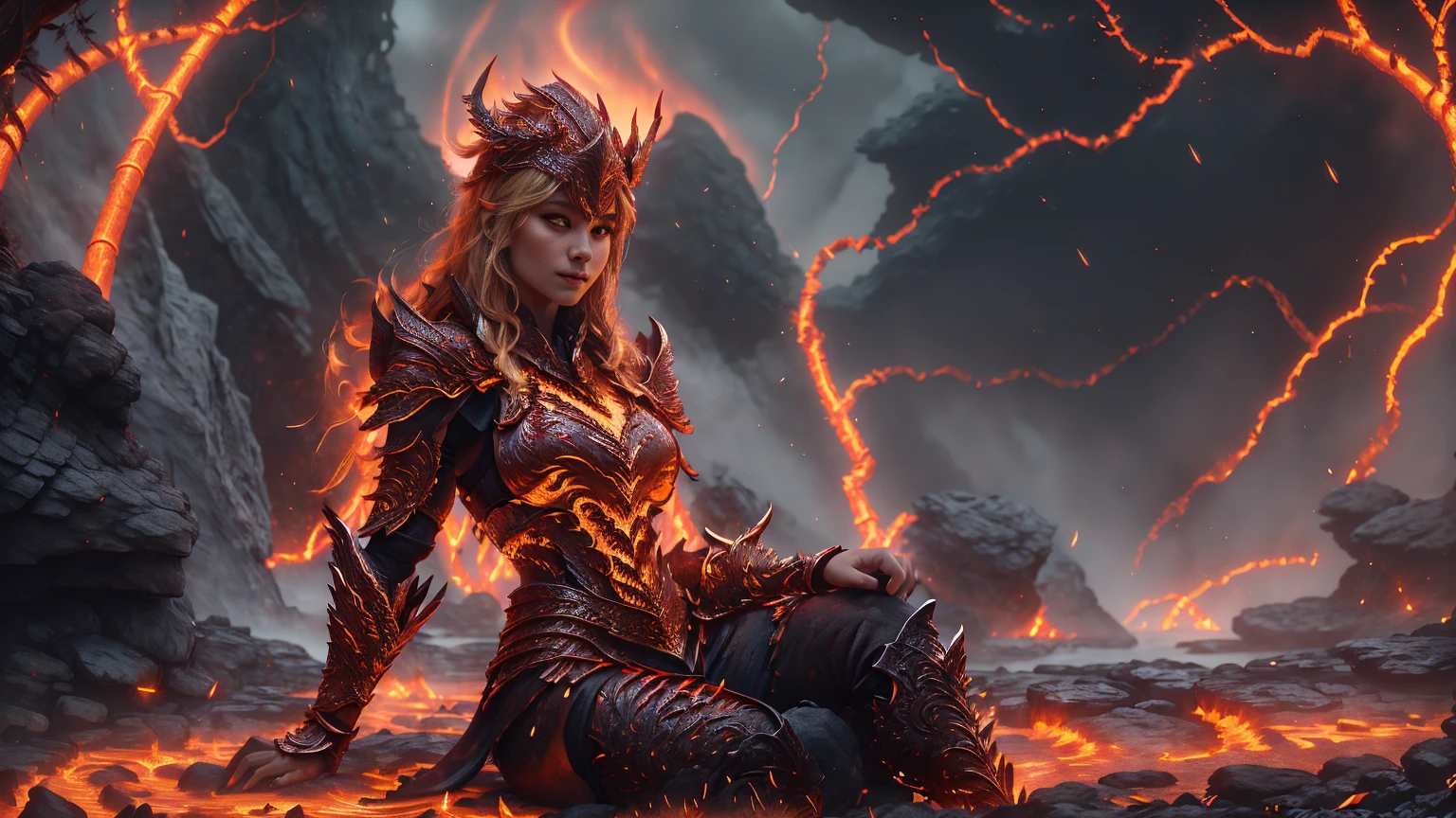 Against the backdrop of (lush jungle) and under the misty veil of (majestic waterfalls), the (radiant blonde warrior) sits on a rock, her gaze fixed directly on the camera lens.  The (dark night sky) sparkles above, lit by the (fiery red moon). Red flames dance around her, casting a warm glow over her perfect physique. The (infernal bikini armor), adorned with highly detailed fire accentuates the perfect curves of her body. Her crown, made from infernal horns, sits atop her golden locks, as she sports a sultry smile. The gentle flow of the river creates a calming hum, while the warrior's confidence radiates through the cinematic frame.