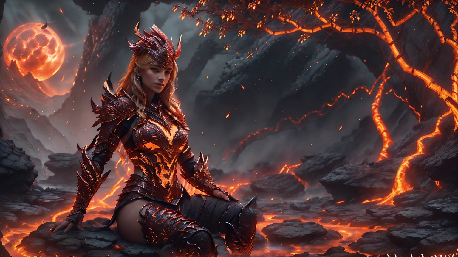 Against the backdrop of (lush jungle) and under the misty veil of (majestic waterfalls), the (radiant blonde warrior) sits on a rock, her gaze fixed directly on the camera lens.  The (dark night sky) sparkles above, lit by the (fiery red moon). Red flames dance around her, casting a warm glow over her perfect physique. The (infernal bikini armor), adorned with highly detailed fire accentuates the perfect curves of her body. Her crown, made from infernal horns, sits atop her golden locks, as she sports a sultry smile. The gentle flow of the river creates a calming hum, while the warrior's confidence radiates through the cinematic frame.