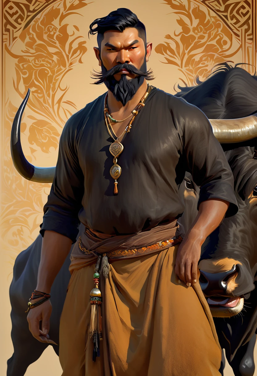 Half man half asian black bull, tribal, caramel short hair, beard,, concept art, D&D, matte painting, in the style of Greg Rutkowski and Alphonse Mucha and artemisia, 8k, highly detailed, jurgens, rutkowski, bouguereau, pastoral, rustic, georgic