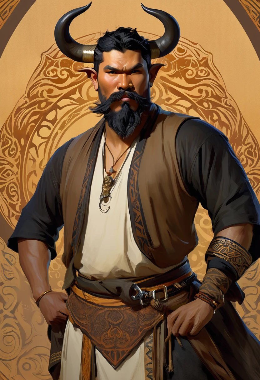 Half man half asian black bull, tribal, caramel short hair, beard,, concept art, D&D, matte painting, in the style of Greg Rutkowski and Alphonse Mucha and artemisia, 8k, highly detailed, jurgens, rutkowski, bouguereau, pastoral, rustic, georgic