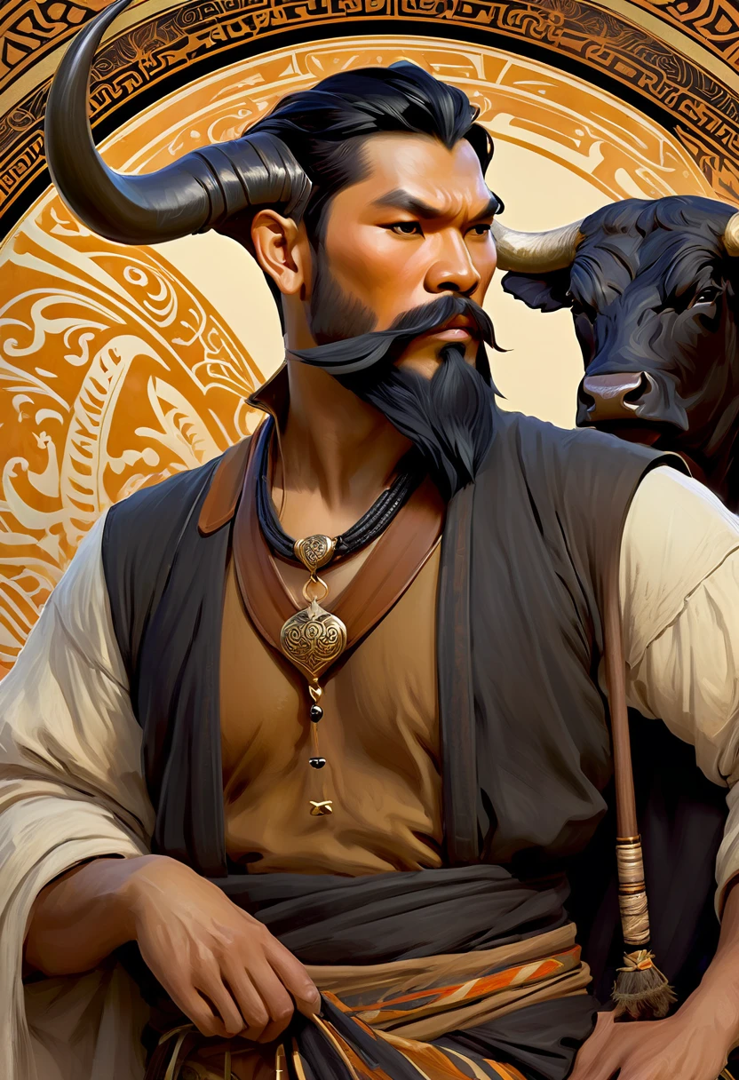 Half man half asian black bull, tribal, caramel short hair, beard,, concept art, D&D, matte painting, in the style of Greg Rutkowski and Alphonse Mucha and artemisia, 8k, highly detailed, jurgens, rutkowski, bouguereau, pastoral, rustic, georgic