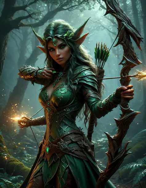 wood elf hunter, female focus, tree spirit symbols and patterns, dark ethereal fantasy forest at night, (holding an elf bow: 1.5...