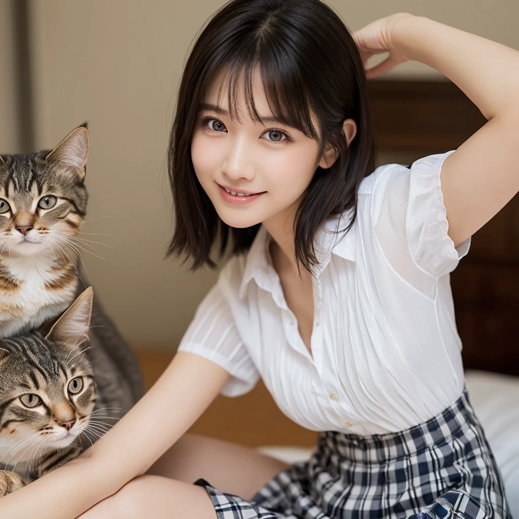 (Highest quality: 1.5), (Realistic: 1.5), (1 person: 1.5), Very detailed, High resolution, 8K,Natural color lips, Cute Smile, Japanese women, 20-year-old girl, Beautiful and elegant features, Perfect and beautiful face, Balanced big eyes, Beautiful and elegant features, Natural double eyelids, Natural Bangs, Beautiful thin nose, Beautiful Skin, Medium Bob Hair , Natural Bangs , Perfect and beautiful face, Slim face and figure, (Looking at the camera with a sweet smile), Bright lighting, Professional Lighting, Forward lighting, Beautiful feet: 1.2, Smooth Skin, Slender body, Slim waistline, slim thin thighs,  Cleavage, Detailed clothing, (Short sleeve dress shirt:1.5), (Pleated skirt:1.5), Checkered Pleated Micro Mini Skirt, Short sleeve dress shirt,  Ultra HD, Realistic, bedroom, Frolic with cats,  Playing with cats,Holding a cat, Holding a cat,Pick up the cat