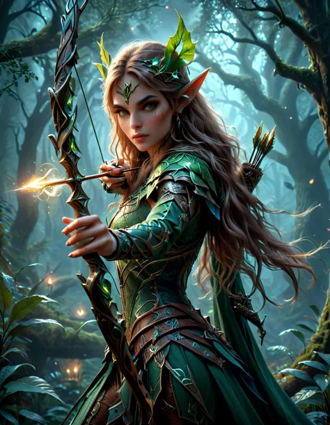wood elf hunter, female focus, tree spirit symbols and patterns, dark ethereal fantasy forest at night, (holding an elf bow: 1.5...