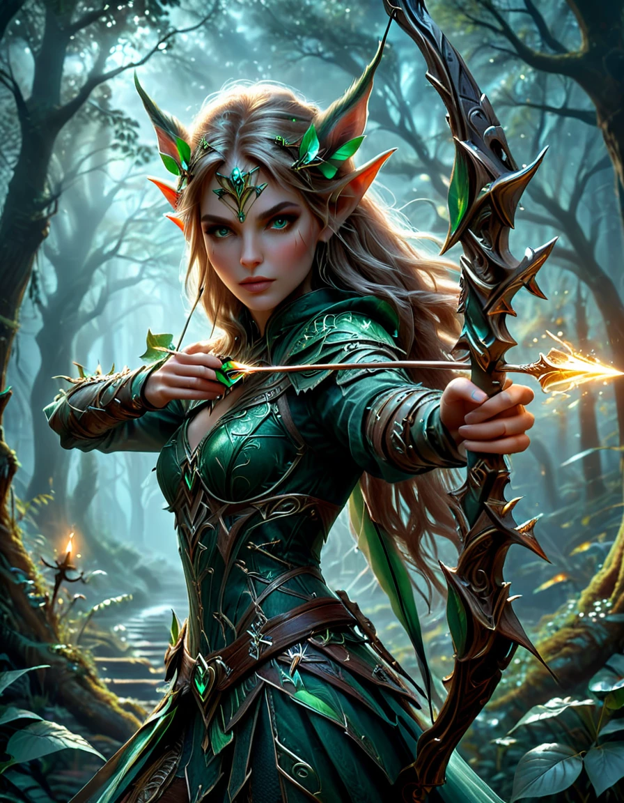 wood elf hunter, female focus, tree spirit symbols and patterns, dark ethereal fantasy forest at night, (holding an elf bow: 1.5), full shot, ((looking at viewer:1.2), (from side:0.8)), full armor, athletic, volumetric lighting dynamic lighting, real shadows, vibrant contrasting colors, style of Stephen Hickman and Stan Manoukian, ultra realistic, masterpiece, high quality, highres, sharp focus, intricate, sharp details, highly detailed, rich color, 8K,
