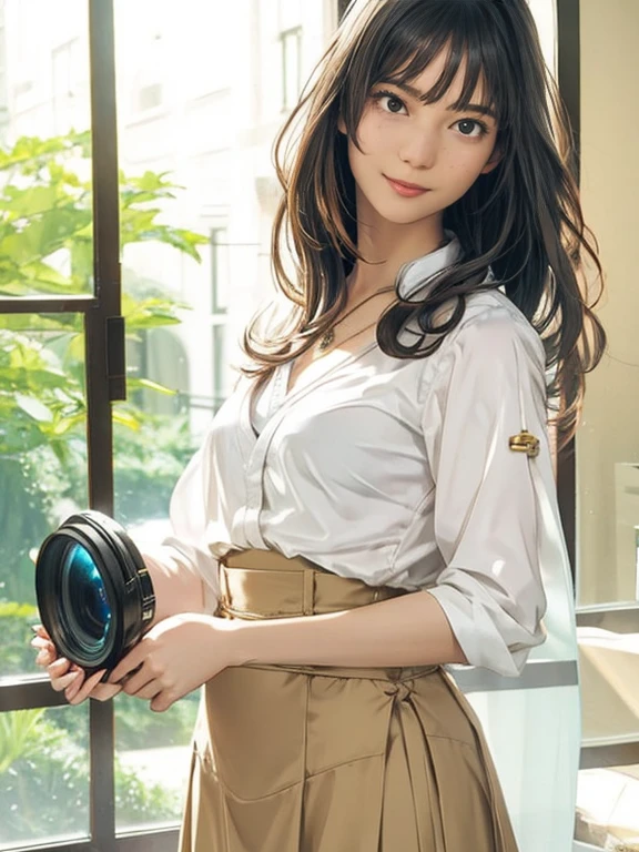 A futuristic portrait of existence, Capture creatures using high-speed camera technology, Emphasize its smooth form, And create the perfect blend of simple compositions against a clean background. High-end designs are implemented in Unreal Engine, (best qualtiy, A high resolution, tmasterpiece:1.3), A skinny and beautiful Japanese woman, Slender abs, Dark brown hair in loose wavy styling, medium breasts, very thin waist, Wear a pendant, white button-down blouse without bra, a black skirt, Beautifully rendered details in face and skin textures, Detailed eyes, alone in a photo