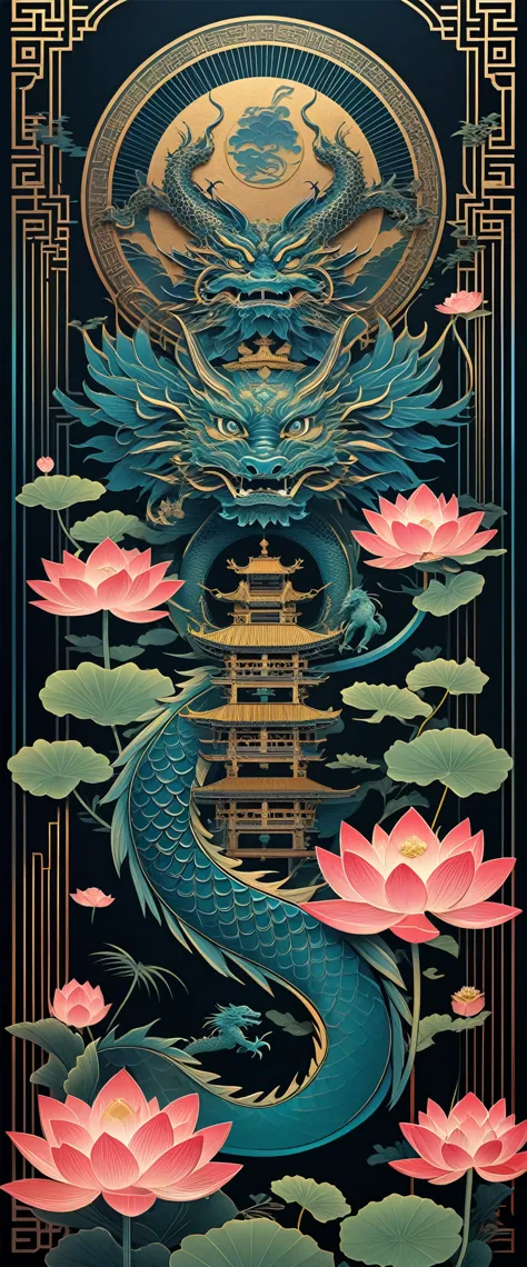 in style of by lvan aivazovsky,symbolic symbols of plants, minimalist style, chinese dragon graphic illustrations of totem art i...