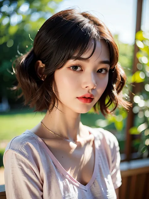 There  a young girl wearing a pink shirt, short hair, 短curls with bangs, Urzan, young cute korean face, korean girl, Hair with b...