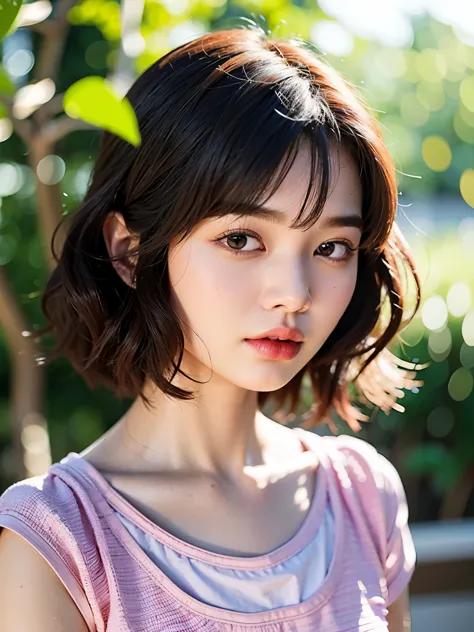 There  a young girl wearing a pink shirt, short hair, 短curls with bangs, Urzan, young cute korean face, korean girl, Hair with b...