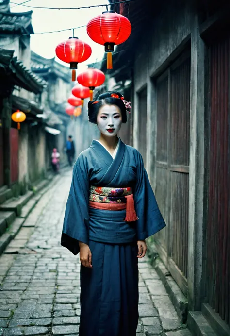 half body, front view, Cinematic portrait movie scene, Julibrary 3: A Geisha (set in Hanoi) in the streets of Hanoi, grungy wall...