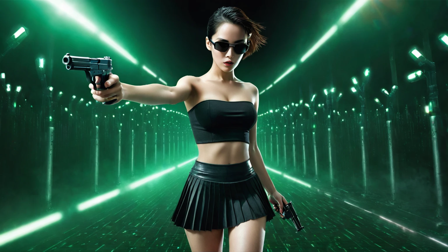 aerial view. sci-fi background. Matrix style, at night, dark sky, (1girl, solo))), photo realistic, (medium-breast:1.3 slim body, cleavage), (((tube top, very short pleated miniskirt))), (((((matrix style black sunglasses))))), (((aiming at camera with a mini pistol))), (looking at camera), (((((half-body thigh level medium shot))))), (cinematic lighting).