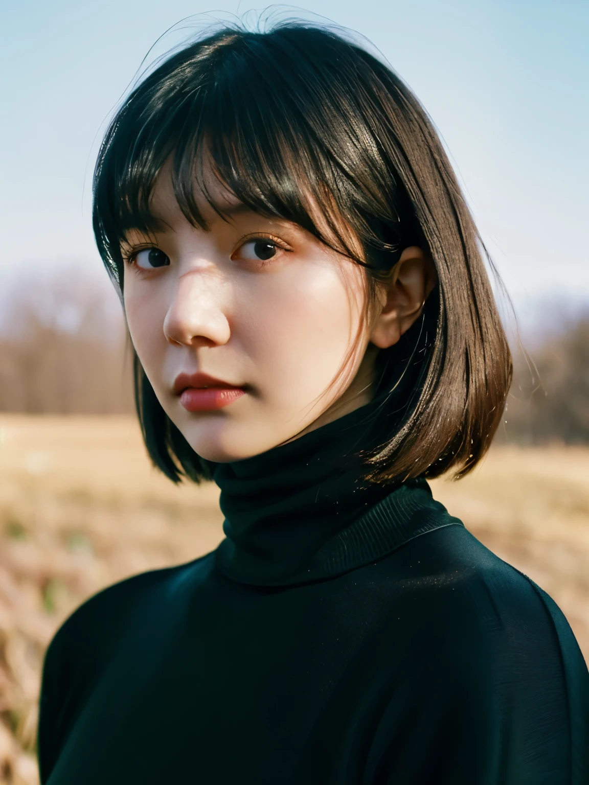 A stunning full-color portrait (SKS Women:1), Wearing a black turtleneck sweater, Epic Character Composition, author：Ilya Kuvshinov, Alessio Albi, Nina Masik, Clear focus, Natural Lighting, Subsurface scattering, F2, 35 mm, Film Grain, 