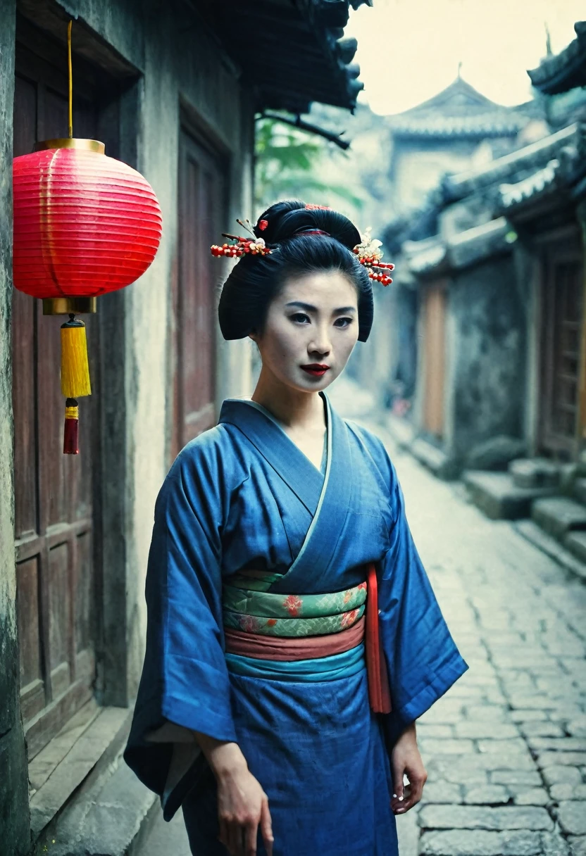 half body, front view, Cinematic portrait movie scene, Julibrary 3: A Geisha (set in Hanoi) in the streets of Hanoi, grungy walls, poors houses, japanese lanterns, crepuscular light, Fujifilm Provia 100F, Fujifilm X100V, Light leaks, 36K, Analog Style