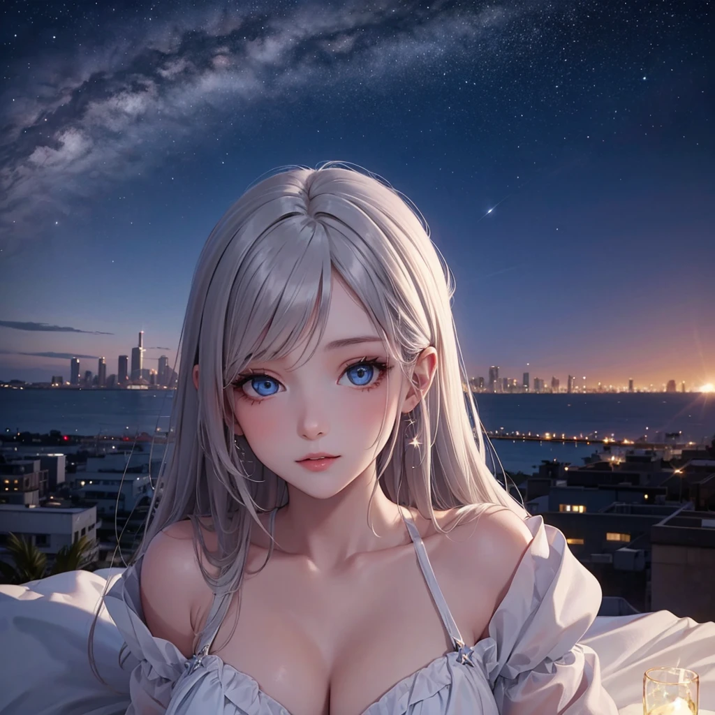 A detailed portrait of a girl sitting outdoors at night, looking at the starry sky with the milky way, surrounded by a night cityscape with buildings silhouetted against the night sky, long white hair. wearing a slightly revealing dress, sexy legs, precise cleavage, (best quality, 4k, 8k, high resolution, masterpiece: 1.2), ultra detailed eyes and face, extremely detailed blue eyes, beautiful detailed eyes, beautiful detailed lips, sky, stars, landscapes, starry night, night, 1 girl. Behind 