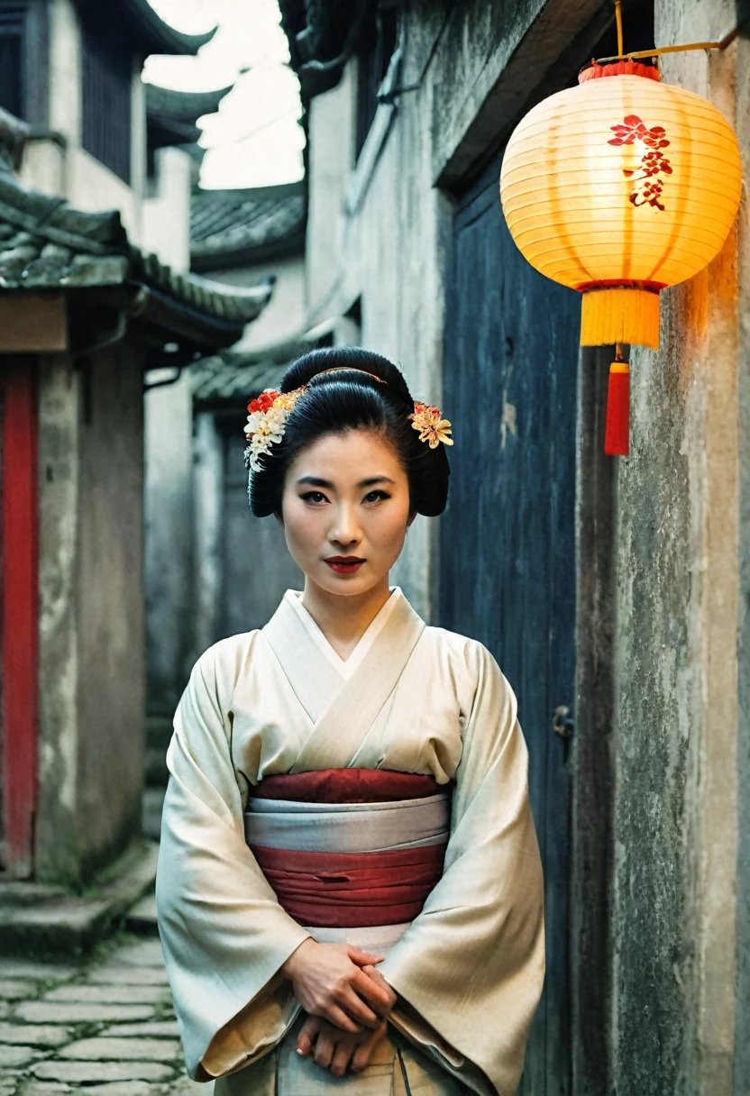 half body, front view, Cinematic portrait movie scene, Julibrary 3: A Geisha (set in Hanoi) in the streets of Hanoi, grungy walls, poors houses, japanese lanterns, crepuscular light, Fujifilm Provia 100F, Fujifilm X100V, Light leaks, 36K, Analog Style