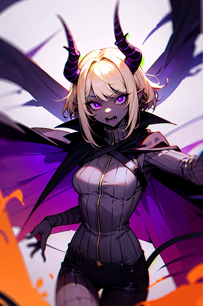 black demon woman with black skin, purple stripes, purple eyes, short black horns, terrifying mouth, purple energy, purple ripped pants, tail, dark gray cape, blonde hair with black