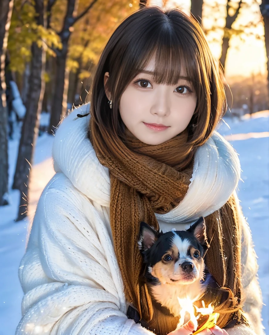 Being with a dog、A girl and a dog warming themselves by a bonfire、Lens flare、Hair blowing in the wind、Medium Short Hair、Fluffy scarf in warm colors、Expressing the whiteness of one&#39;s breath、Photo from the waist up、Night city illumination shot、Cowgirl Shot、Fur coat、豪華なグレーのミンクのFur coat、Wear fine leather boots、Luxury Bags、Inner turtleneck、Silver necklace and small silver earrings Millionaire style:1.4））、Full body photo、smile、 Caustics、Highly detailed photos、Very beautiful woman 、Ample breasts、No makeup、(8K、RAW Photos、Highest quality、masterpiece:1.2)、(Realistic、Realistic)、1 Girl、((Medium Short Hair、Midwinter、Cold region Snow falling、The wind is blowing、Fluttering Hair、Blur the background、Colorful illuminations、Looking into the camera:1.4))、
