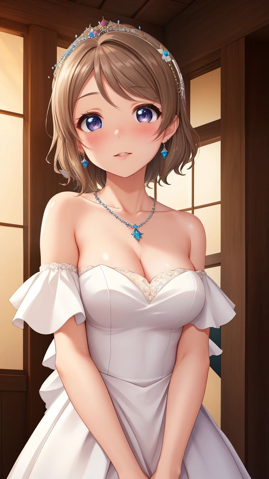 (Masterpiece), 8k wallpaper, solo, Watanabe you, game cg, beautiful detailed face and eyes, perfect anatomy, standing, outside, blush, glossy lips, wedding dress, off the shoulder, necklace, jewelry