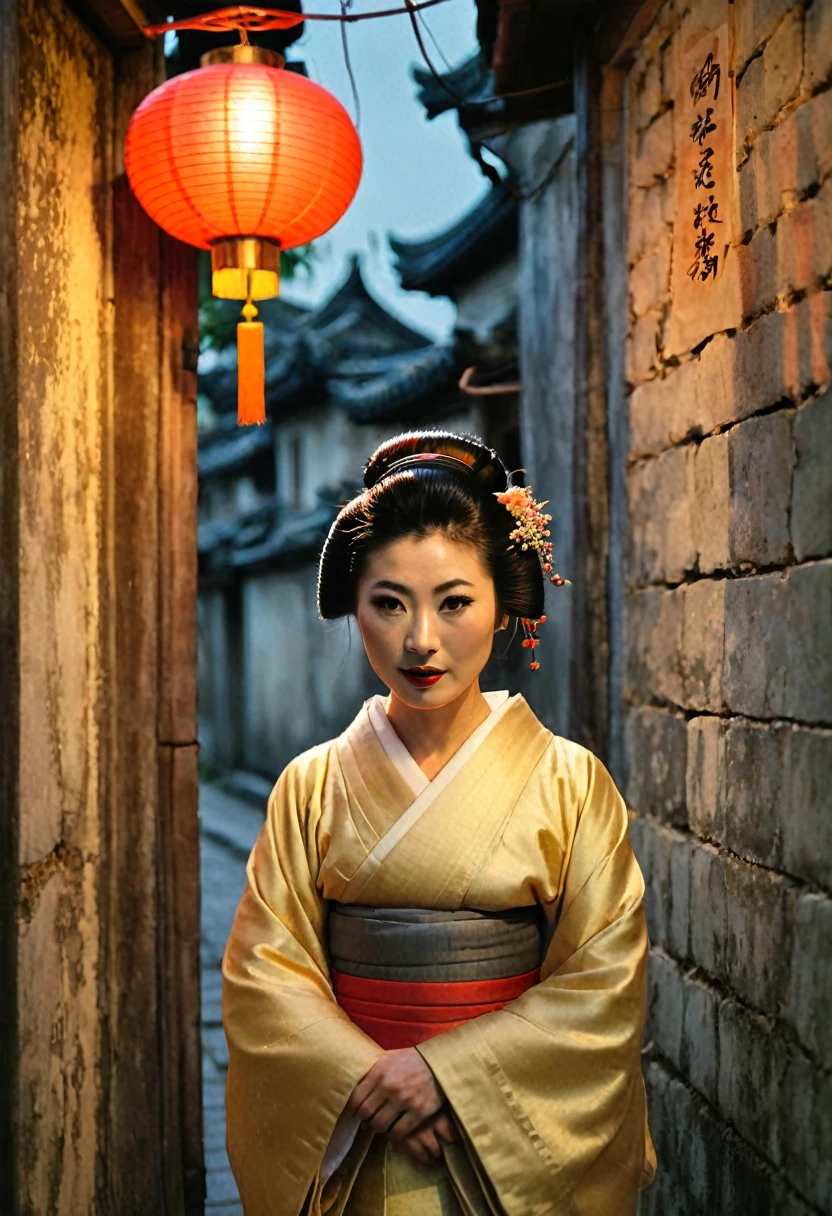 half body, front view, Cinematic portrait movie scene, Julibrary 3: A Geisha (set in Hanoi) in the streets of Hanoi, grungy walls, poors houses, japanese lanterns, crepuscular light, Fujifilm Provia 100F, Fujifilm X100V, Light leaks, 36K, Analog Style