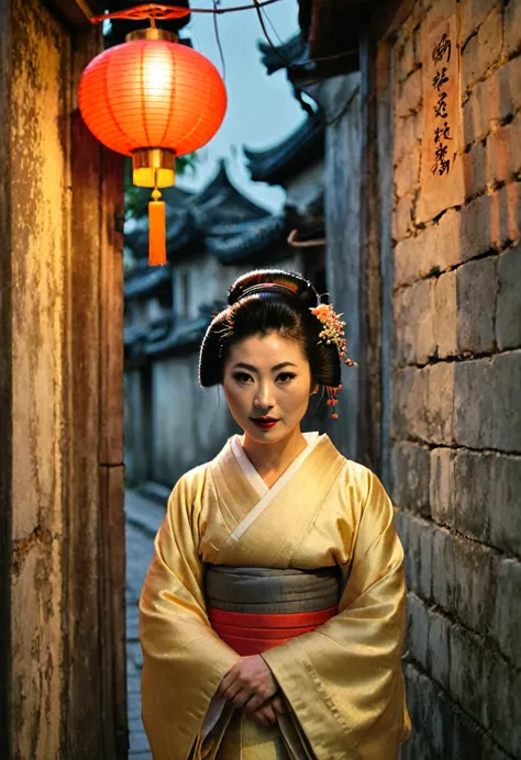 half body, front view, cinematic portrait movie scene, julibrary 3: a geisha (set in hanoi) in the streets of hanoi, grungy wall...