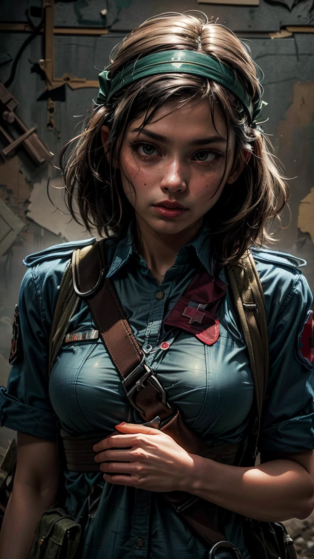 HIGHLY DETAILED, 16K HI-RES, insanely detailed image, cinematic, best quality, masterpiece, realistic, detailed face, detailed background, dramatic lighting, 1 girl, asian girl, ((filipino)), (beautiful and detailed illustration, pop art, masterpiece, best quality, ultra-detailed, soft lighting, cinematic shot, vibrant colors, gorgeous colors, 1 girl, adult woman, short black hair, portrait, solo, upper body, looking down, (magic circle, glyphtech theme:1.1), battlefield-medic, intense expression, green military medic uniform, vest, headband, red cross, military insignia, medical bag, wound dressing, blood , running, war torn battlefield trench, barbed wire in background, under fire, thunder clouds, heroism, cinematic atmosphere,