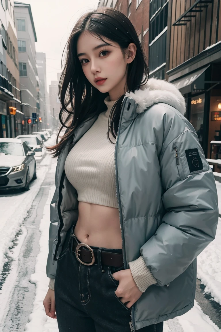 Young woman wearing belly-baring winter clothes,Belly button down jacket, Low-rise pants, and a belt, standing on a snowy city street, extremely detailed portrait, Beautiful and delicate eyes, Beautiful and delicate lips, Extremely detailed face, Long eyelashes, Highly realistic, Reality, 8K, light, Dramatic cool tones, Melancholy atmosphere, winter landscape, snow, street, architecture