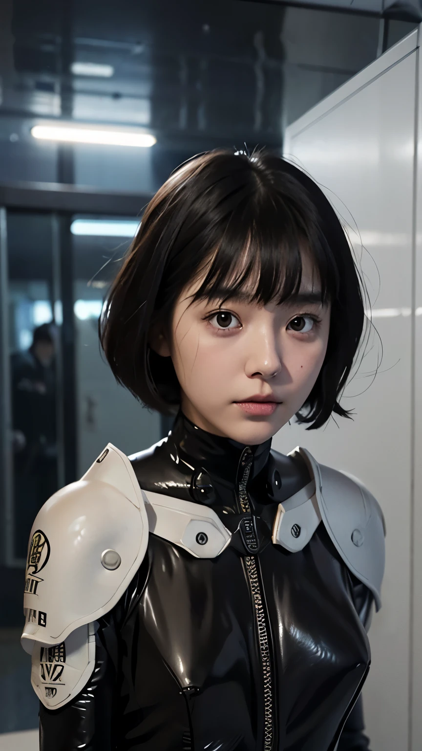 Japanese girl with short straight silky hair, boom, Bob Cut, black eyes, 15 years old, young, Pale skin, Frightened, No expression, Ultra-high resolution, Ultra HD, (Reality:1.4), baby face, In spaceships, Wearing a futuristic space suit, Carrying a futuristic laser gun, Sweating