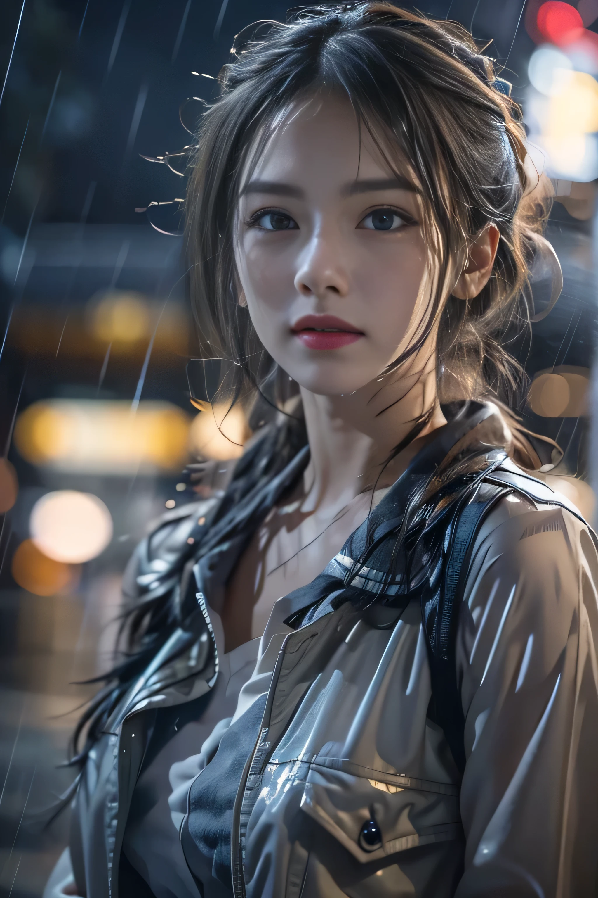 (RAW shooting, Photorealistic:1.5, 8k, highest quality, masterpiece, Ultra-high resolution), Perfect dynamic composition:1.2, Night Street Corner, Look up at the sky, (((Typhoon heavy rain))), Highly detailed skin and facial textures:1.2, A slim high school girl wet with rain:1.3, Short Hair, Sexy beauty:1.1, Perfect Style:1.2, beautifully、aesthetic:1.1, Fair skin, Very beautiful face, (Water droplets on the skin, Rain dripping down on my body:1.2, Wet Hair:1.4, Wet uniform:1.2), (Mid-chest, Good transparency, Chest gap), (Embarrassed smile, Her facial expression when she felt intense caressing, Facial expressions when feeling happy), (Beautiful Blue Eyes, Beautiful erotic eyes:0.8), (Too erotic:0.9, Fascinating:0.9), Cowboy Shot, Student Bags