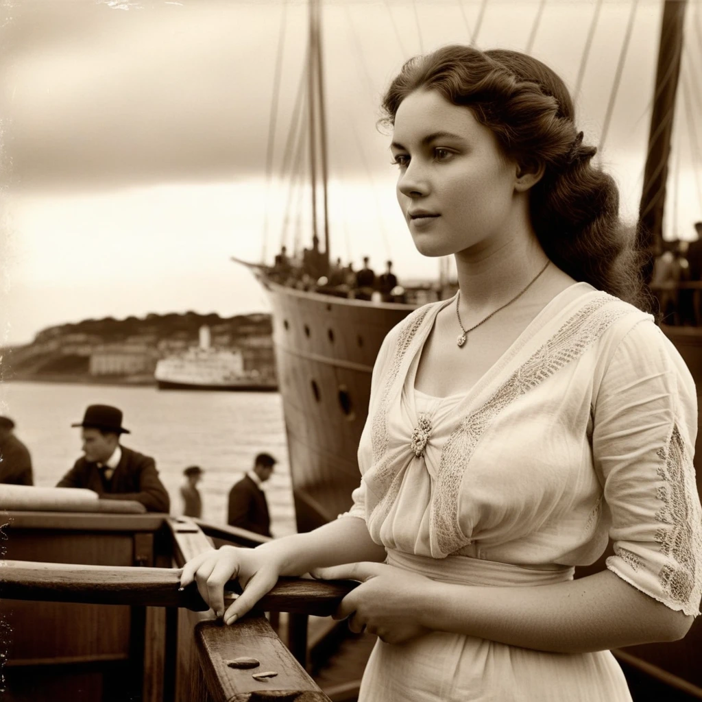breathtaking, (finely intricate detailed:1.7)(RAW photo:1.3), (big scratches  on parts of the photo:1.8)(light sepia-toned photo) (noisy picture:0.5)    (perfectly designed  hands:1.3),  a young beautiful woman stands at the harbour where Titanic, a giant ship, docking, preparing to sail, busy people working and boarding the ship